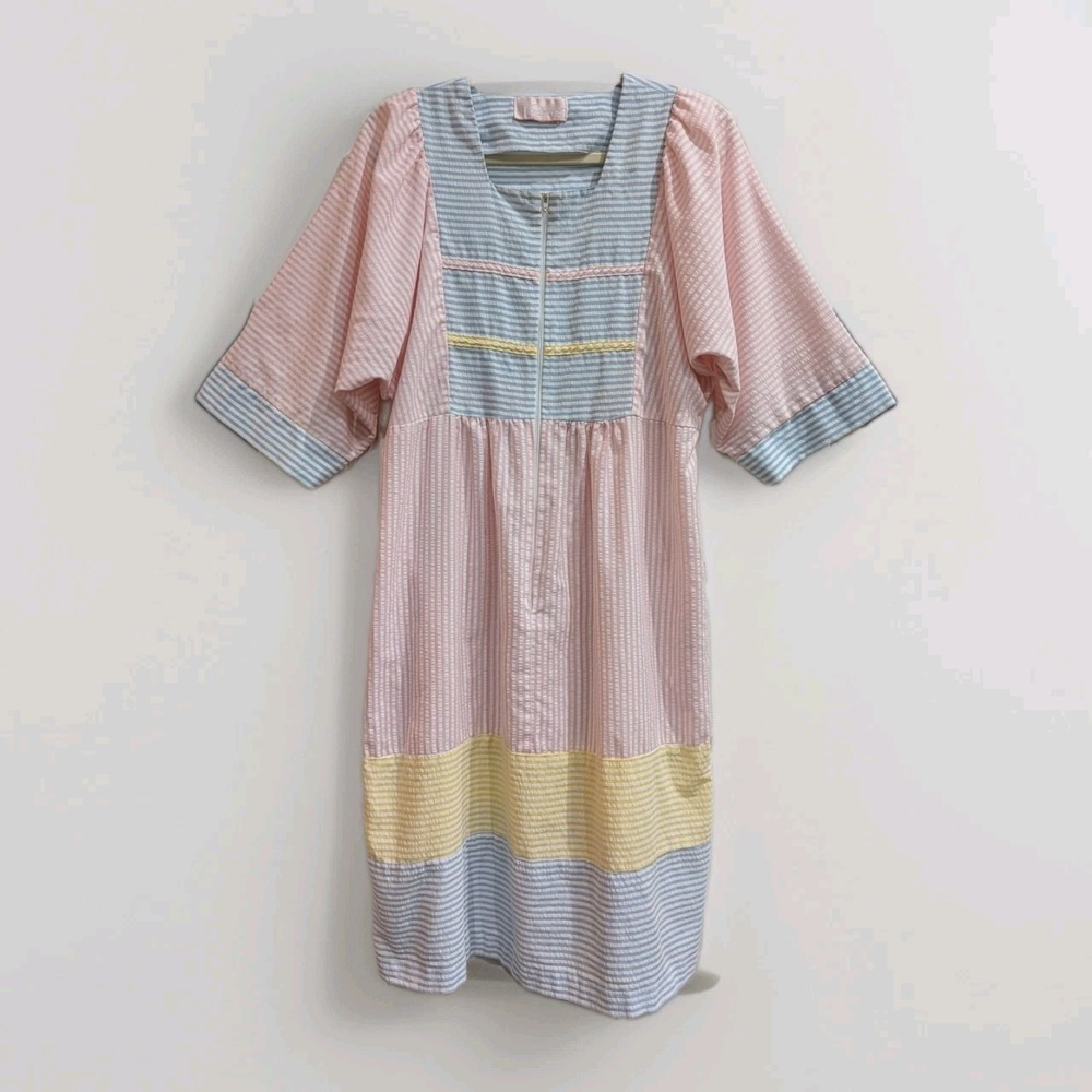 Vandemere Vtg 80s Seersucker Colorblock Pastel House Dress M Grannycore Kaftan